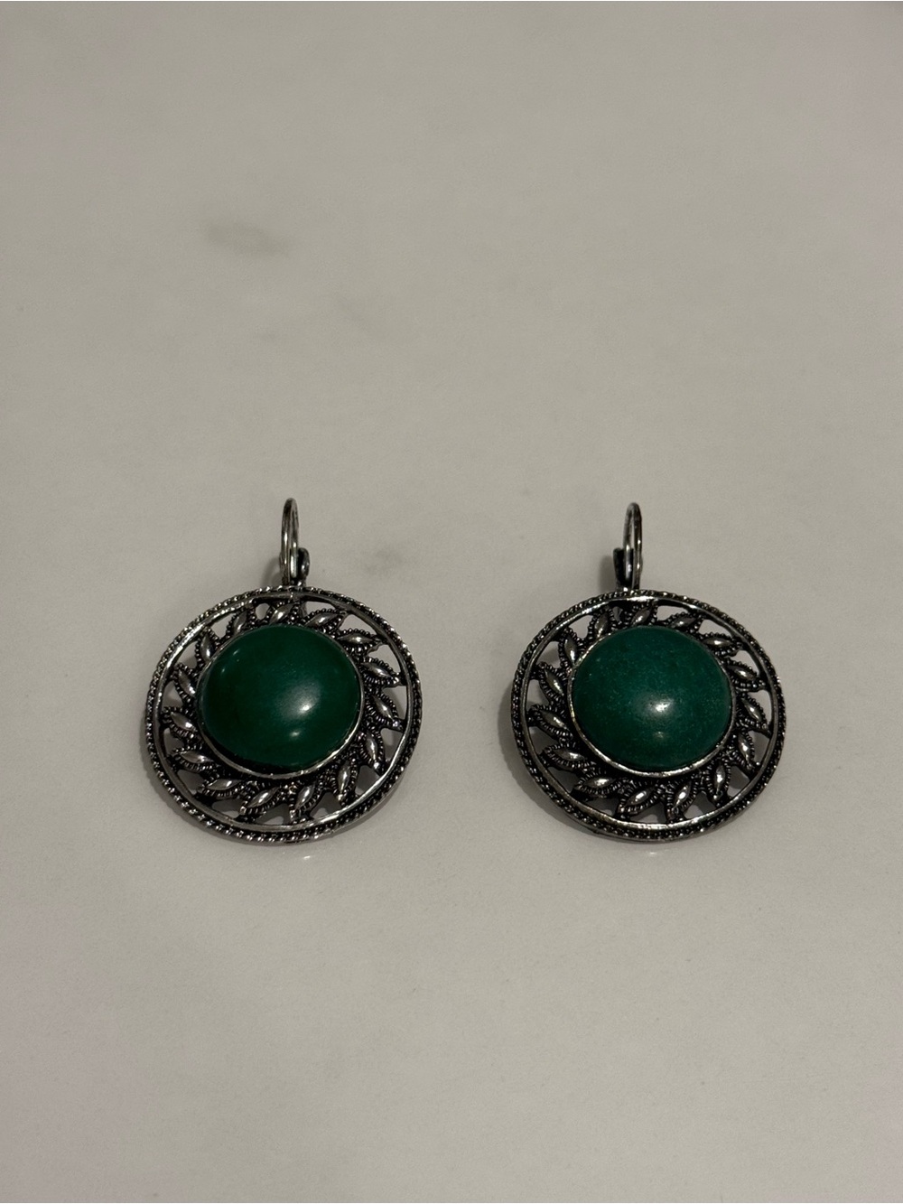 Vintage-Inspired Green Stone Silver Drop Earrings